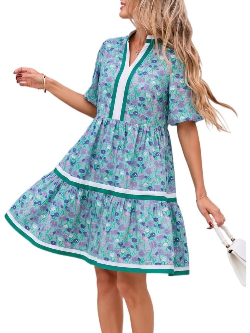 Women's Turquoise V Neck Puff Sleeve Floral Baby Doll Striped Imported Mini Dres
